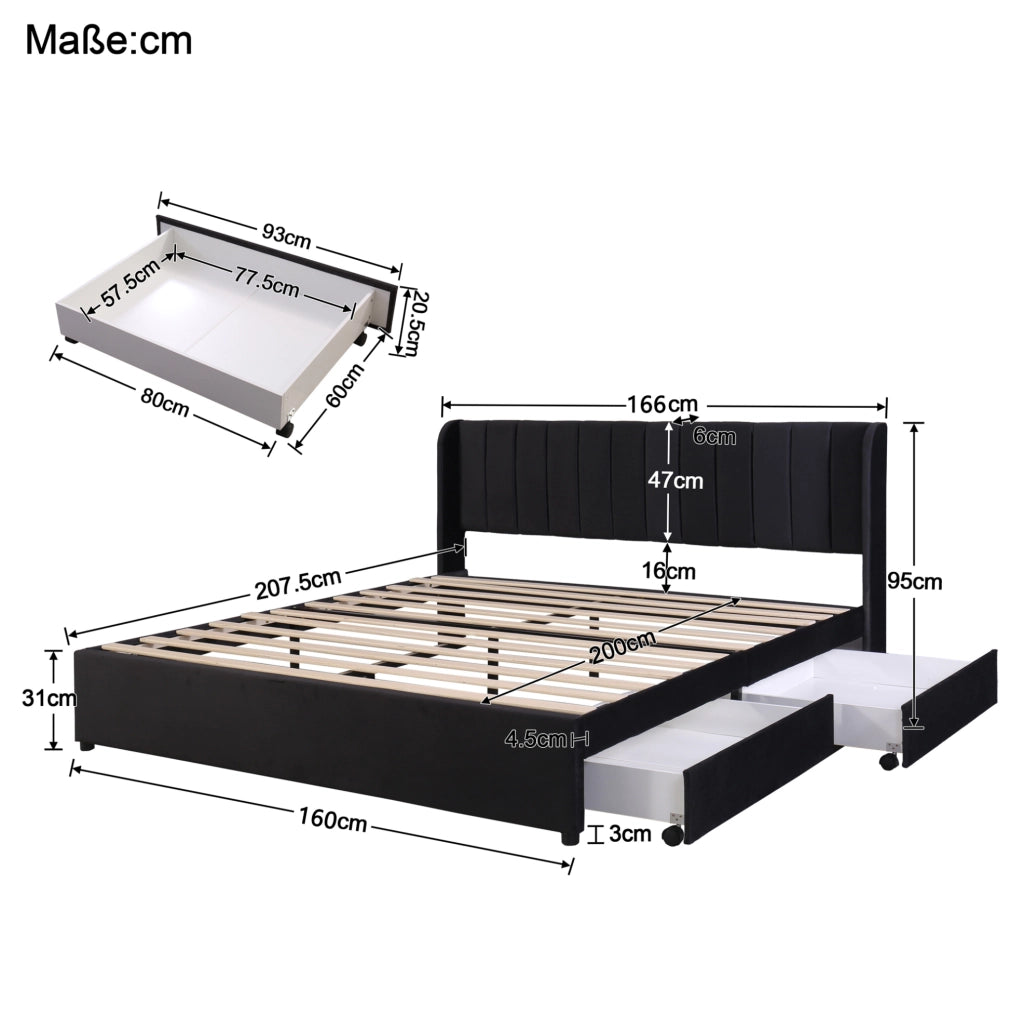 Letto imbottito in velluto nero 160 x 200 cm con 2 cassetti