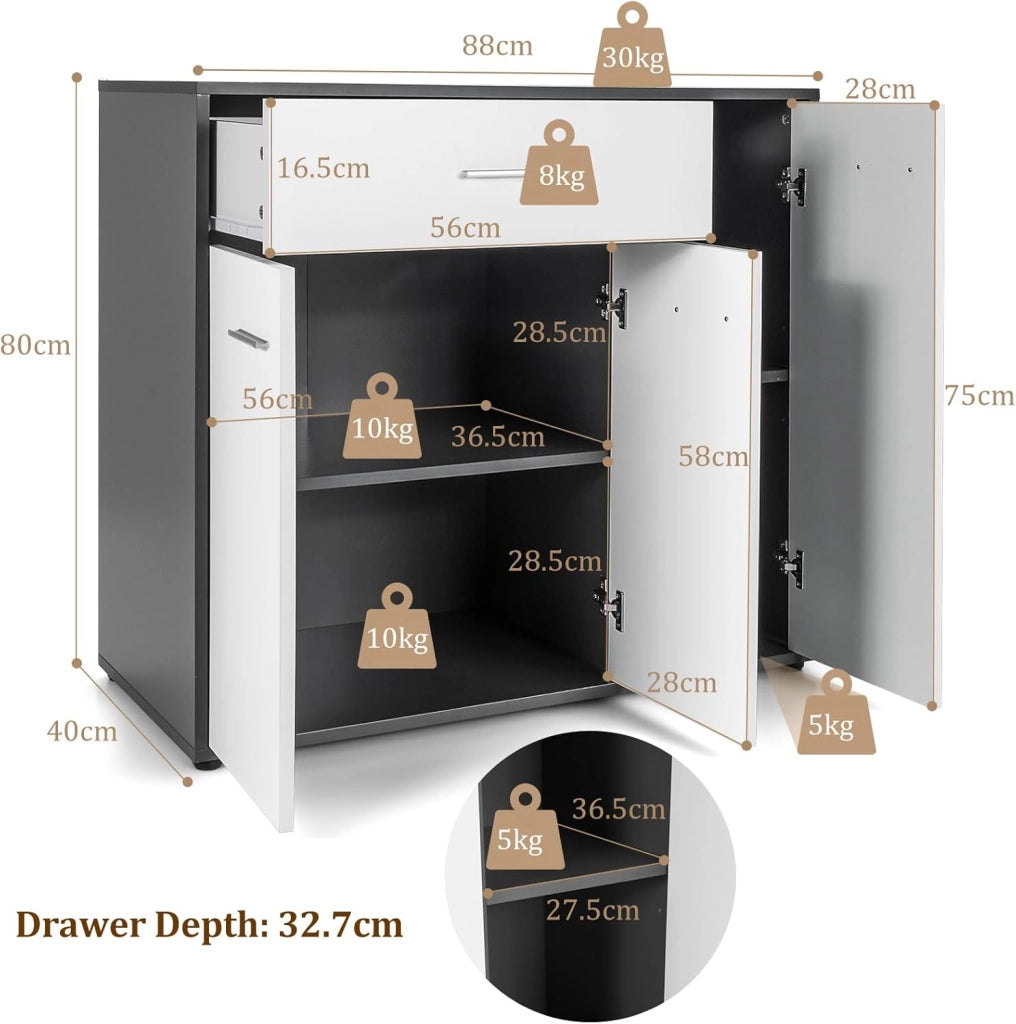 Credenza multiuso con ante e cassetti, credenza con ripiano regolabile, per corridoio, cucina, bianco (88 x 40 x 80 cm)