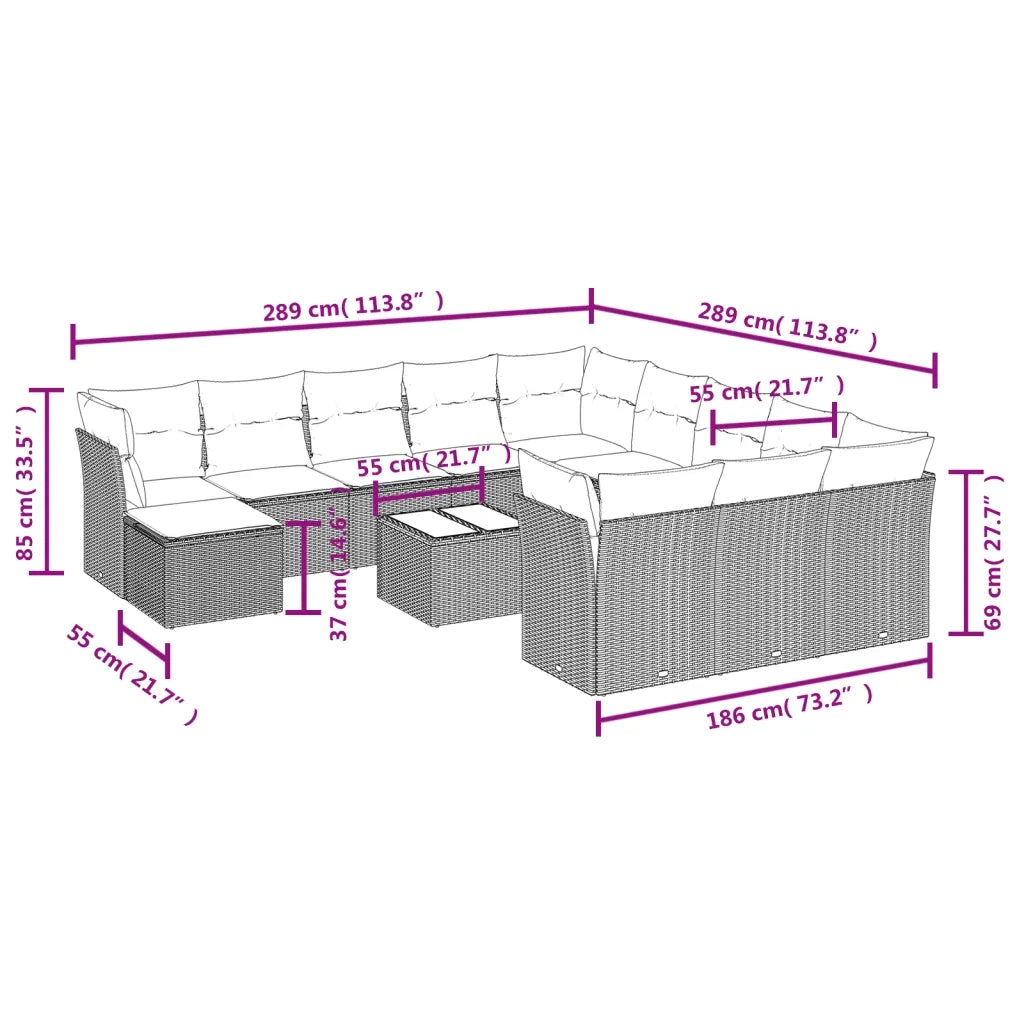 Set Divano da Giardino 13 pz con Cuscini Beige in Polyrattan