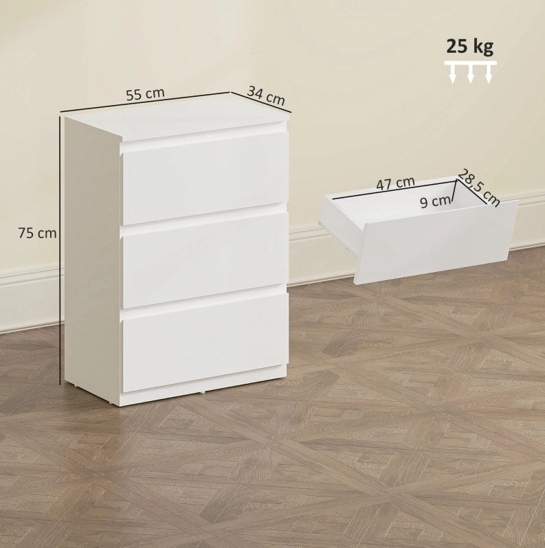 Comodino con 3 cassetti, mobile contenitore moderno per camera da letto, bianco