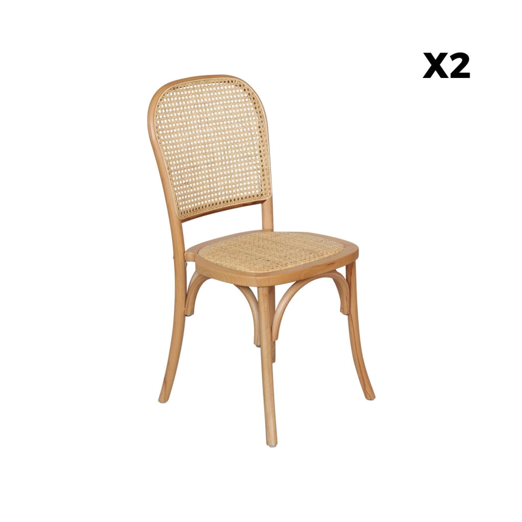 Set di 2 sedie vintage in legno e rattan, marrone naturale