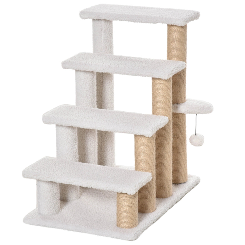 Tiragraffi per gatti a 4 livelli con scala per animali e pallina gioco in compensato e juta bianco 60 × 40 × 64 cm