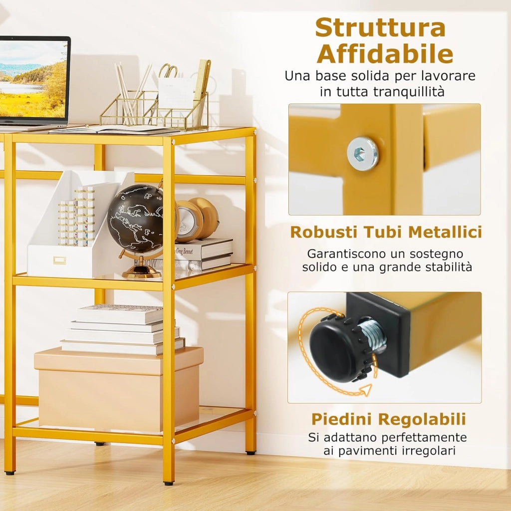 Scrivania con 2 Ripiani, Scrivania in Vetro Temperato e Acciaio, Scrittoio Salvaspazio e Moderno, Tavolo Versatile per Ingresso, Camera da Letto e Studio 106 x 51 x 77 cm (Oro)