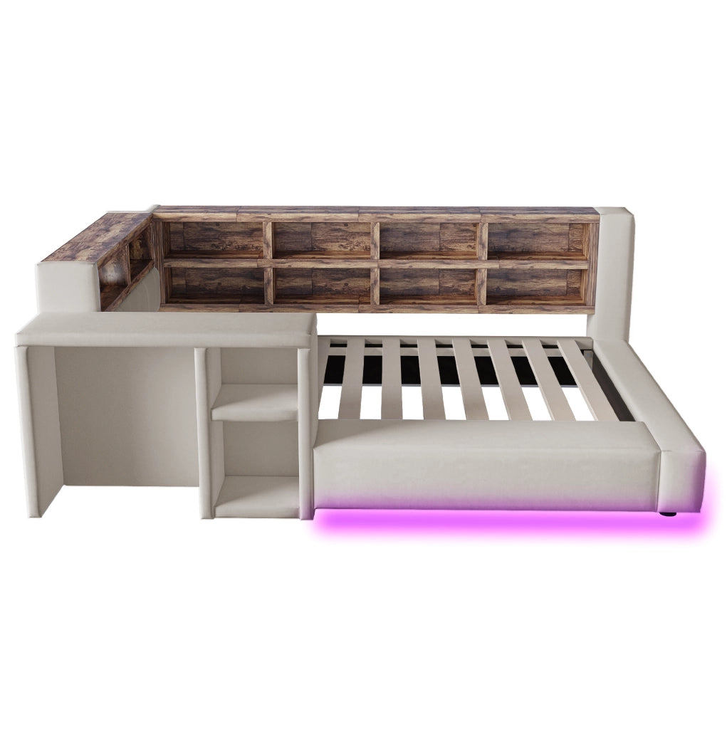 Letto imbottito 90x200 cm con vani portaoggetti; LED; prese integrate e comodino; grigio chiaro