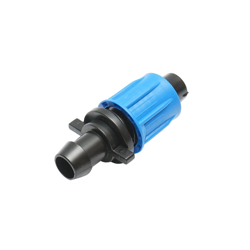 Raccordo con giunto per collegamento di tubo di gocciolamento D16x15mm per sistemi di irrigazione.