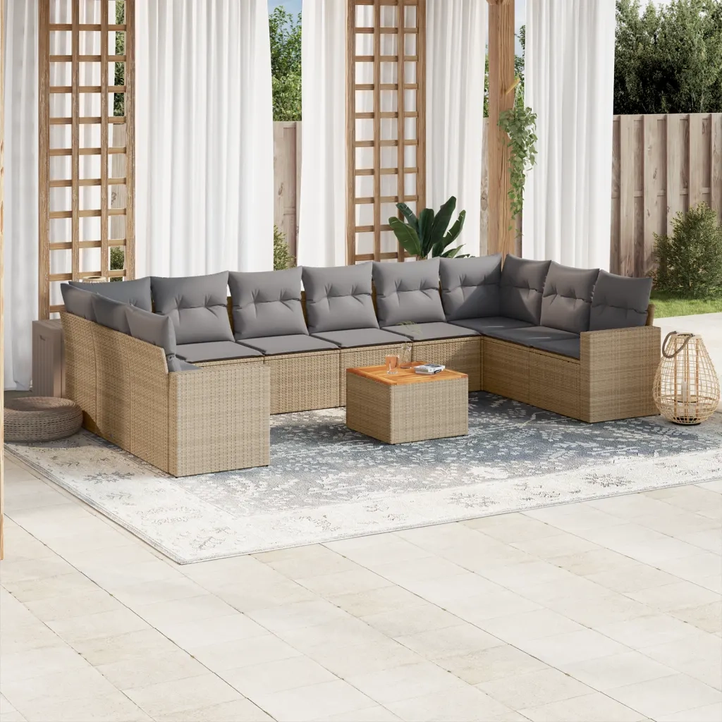 Set Divano da Giardino 11 pz con Cuscini Beige Misto Polyrattan 3256626