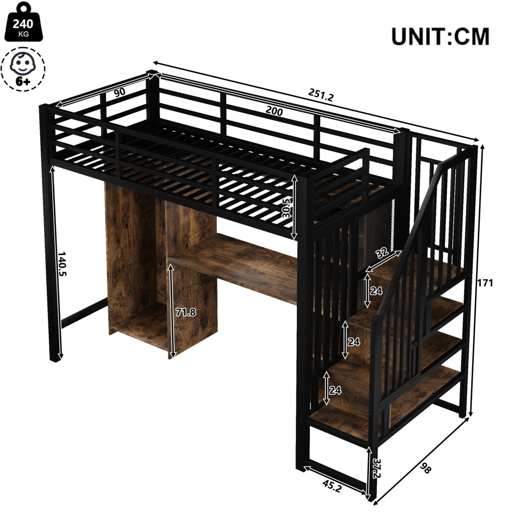 Letto a soppalco ULEVR 90x200 cm con armadio, scrivania e gradini contenitore, metallo e MDF nero