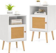 Comodino in Legno con Spazio di Archiviazione, Comodino con Porta in Rattan, Gambe in Legno Massello, per Soggiorno Camera da letto, 40 x 39 x 70 cm (2, Bianco)