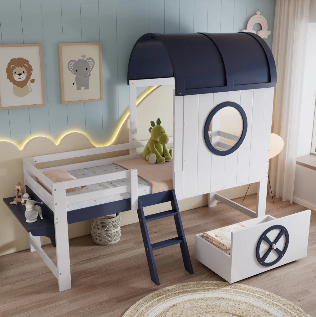 Letto a soppalco 90x200 cm con tetto; finestra; cassetto e scala in legno e MDF bianco e blu