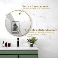 Specchio Rotondo da Bagno con Superficie Antiurto, in Vetro e Acciaio, Ø70x2.5 cm, color Oro