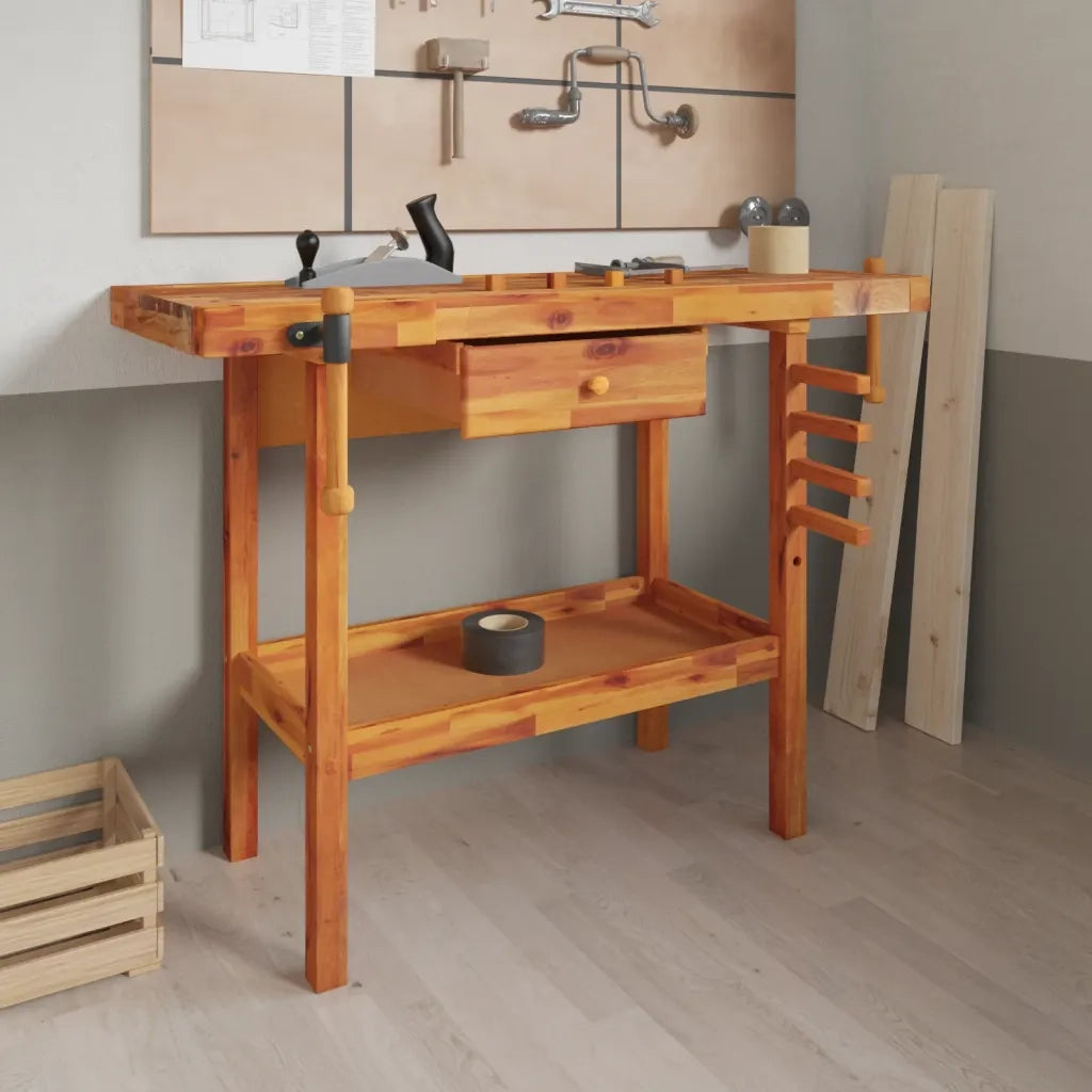 Banco da lavoro con cassetto e morse 124x52x83 cm in legno massello di acacia 153320