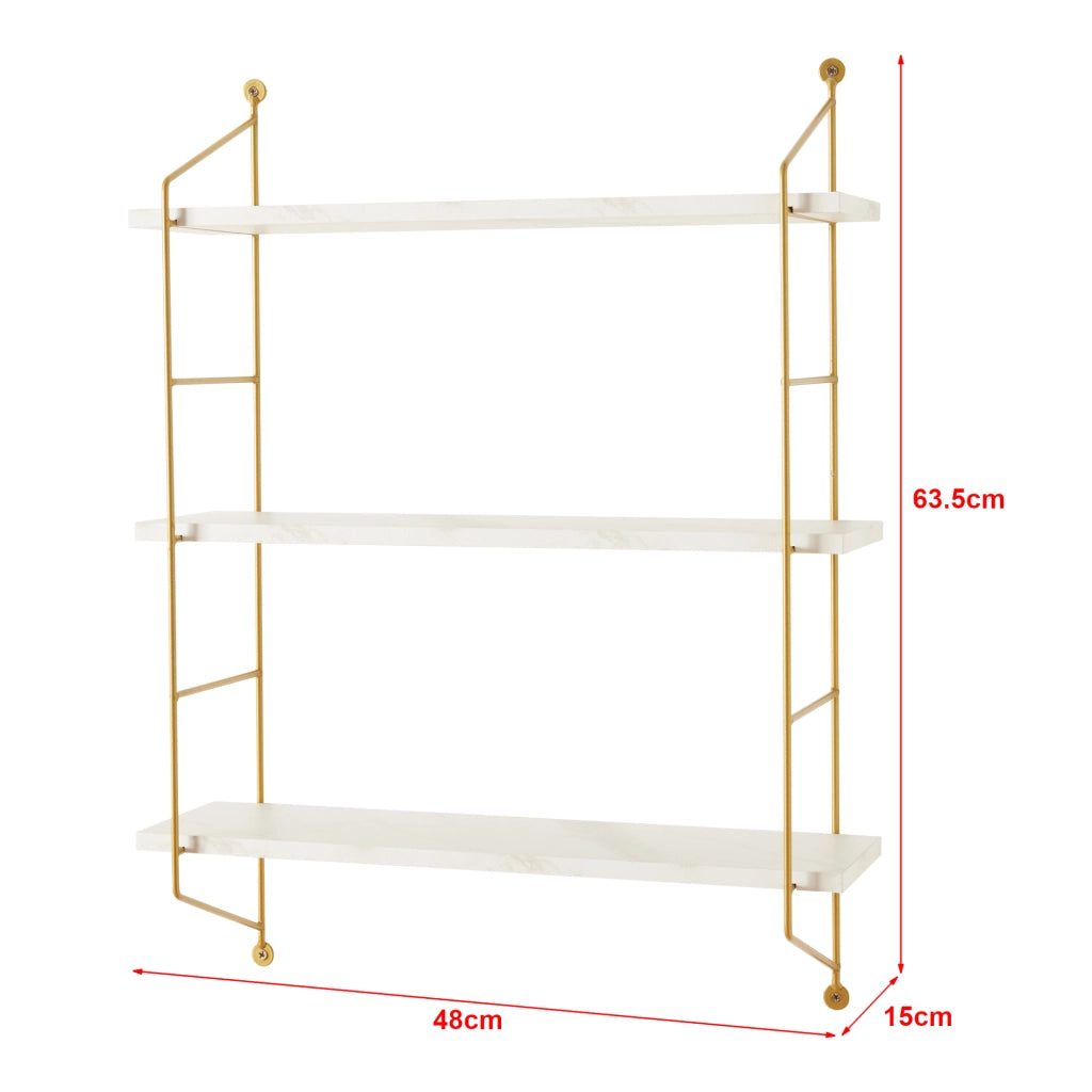Scaffale da Parete Ösel a 3 Ripiani Regolabili 48 x 15 x 63.5 cm Effetto Marmo Bianco / Oro [en.casa]