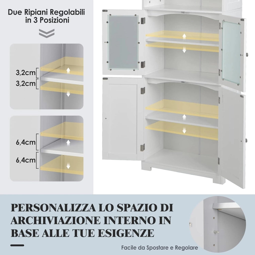 Armadio da Bagno, Mobiletto Alto da Terra con 2 Armadietti e Ripiani Regolabili, con Ante in Vetro, Mobile Portaoggetti Multiusi per Bagno Soggiorno, 60x30x163 cm (Bianco)