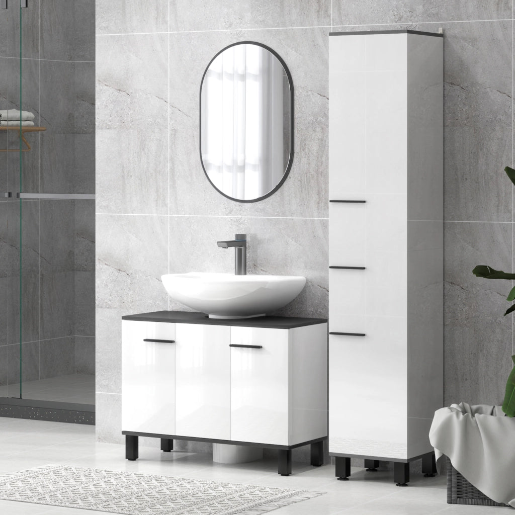 Mobile Sottolavabo Bagno con Armadietto 2 Ante e Ripiano Regolabile, 80x34x60 cm, Bianco Lucido