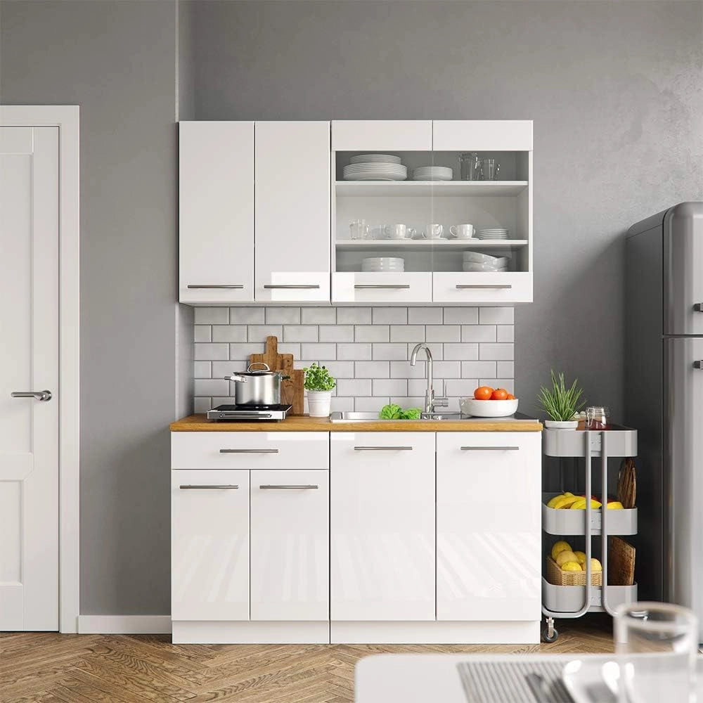 Cucina completa Fame-Line, Bianco lucido/bianco, 140 cm, PL Marmo, compatibile con i comuni elettrodomestici e abbinabile ai lavelli