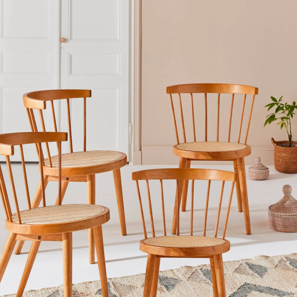 Set di 4 sedie in legno e paglia, marrone naturale
