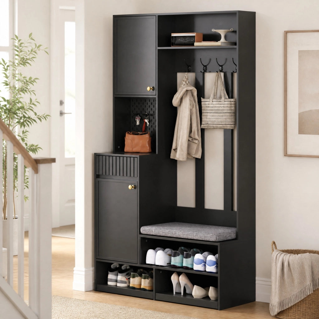 Set guardaroba da ingresso multifunzionale con panca, 4 ganci, cassetti e pannello forato, nero, 100¡Á180¡Á35 cm