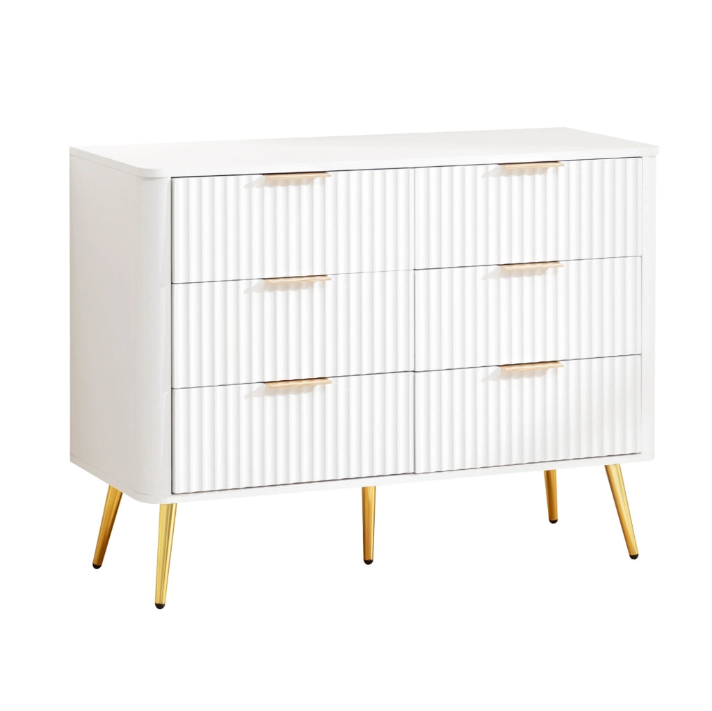 Cassettiera bianca in MDF con 6 cassetti; guide soft-close e maniglie in metallo