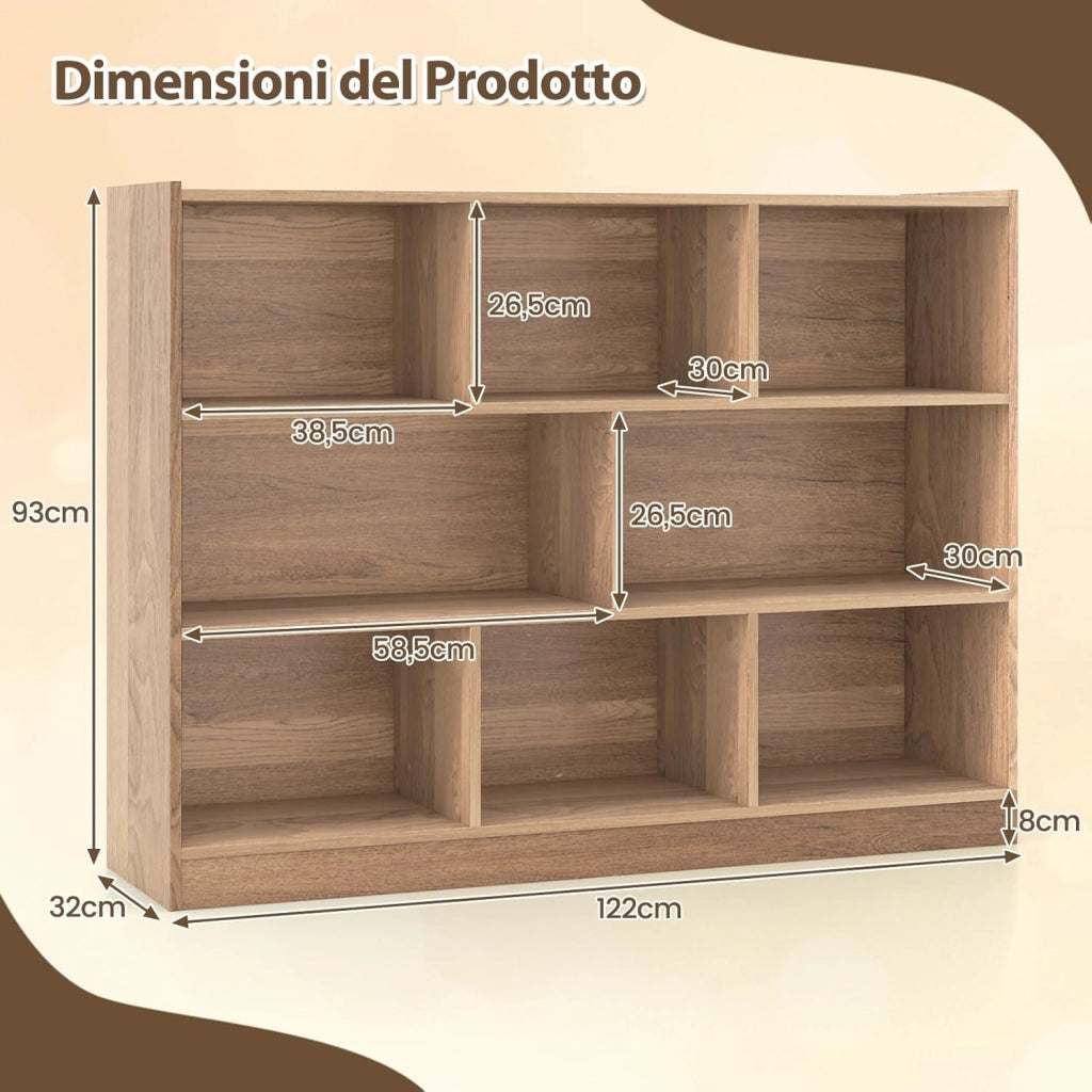 Scaffale Multiuso a 3 Livelli, Mobiletto Espositore Moderno a 8 Cubi, Libreria di Legno per Bambini, Organizer Giocattoli per Camera da Letto, Soggiorno, Studio, Bianco (Naturale)