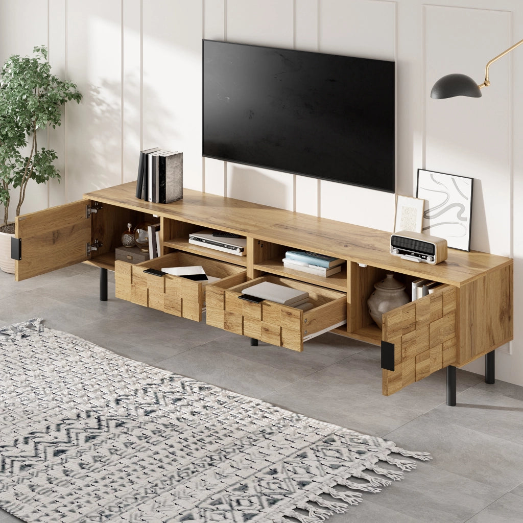Mobile porta TV con 2 ante, 2 cassetti e 2 vani aperti, per soggiorno, in truciolare, naturale e nero 160 × 35 × 42,5 cm