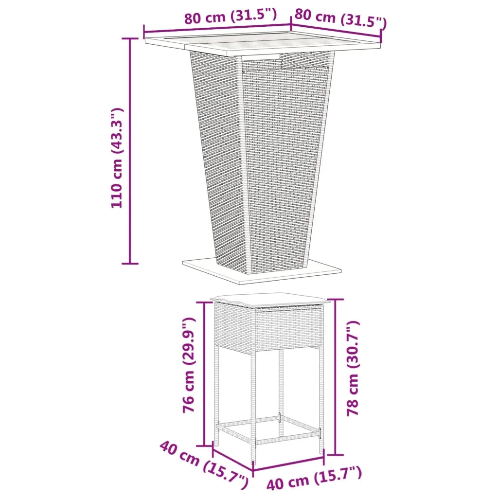 Set Bar da Giardino 3pz con Cuscini Grigio in Polyrattan