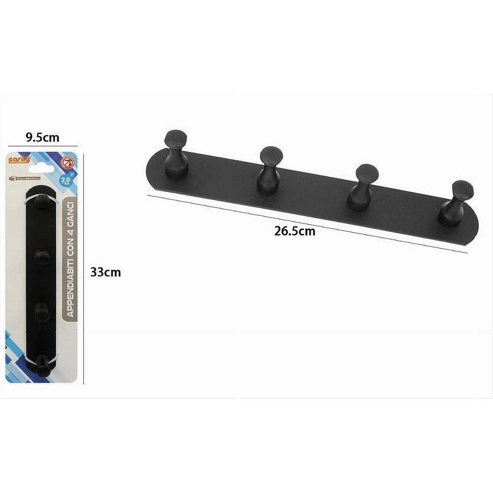 Trade Shop - Appendiabiti Con 4 Ganci Nero Per Accappatoio Bagno Cucina Casa Da Parete 59753 -