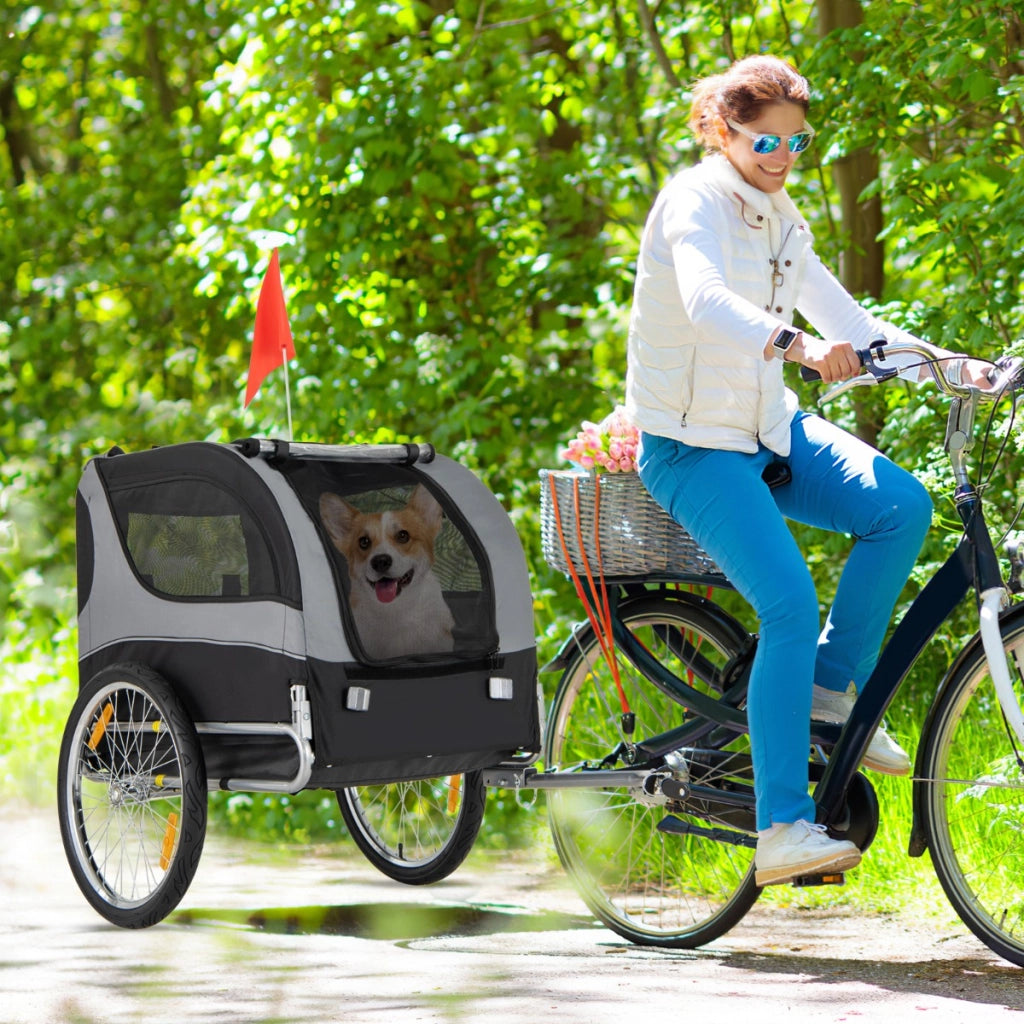 Rimorchio bici per animali domestici con ruote 50cm tettuccio apribile, Rimorchio per bicicletta per cani Grigio-Giochi e accessori per cani