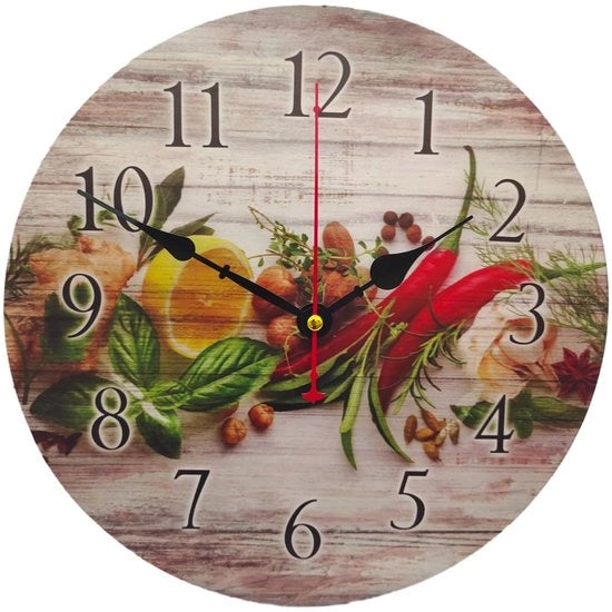 Orologio da Parete per Cucina Stile Antico Nostalgico Rurale Casa di Campagna Cristallo senza Suono di Tacco Ora Cucina 30CM / 12 pollici (Erbette con Peperoncino)