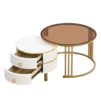 Tavolino 2-in-1 Rotondo in MDF con 1 Piano Bianco e 1 Piano Marrone in Vetro Temperato, Tavolini con 2 Cassetti per Soggiorno, Bianco