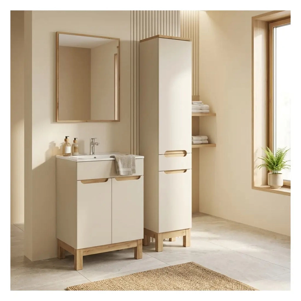 Set da bagno ERMANO effetto cachemire quercia 95cm: mobile sotto lavabo + lavabo incasso bianco + colonna