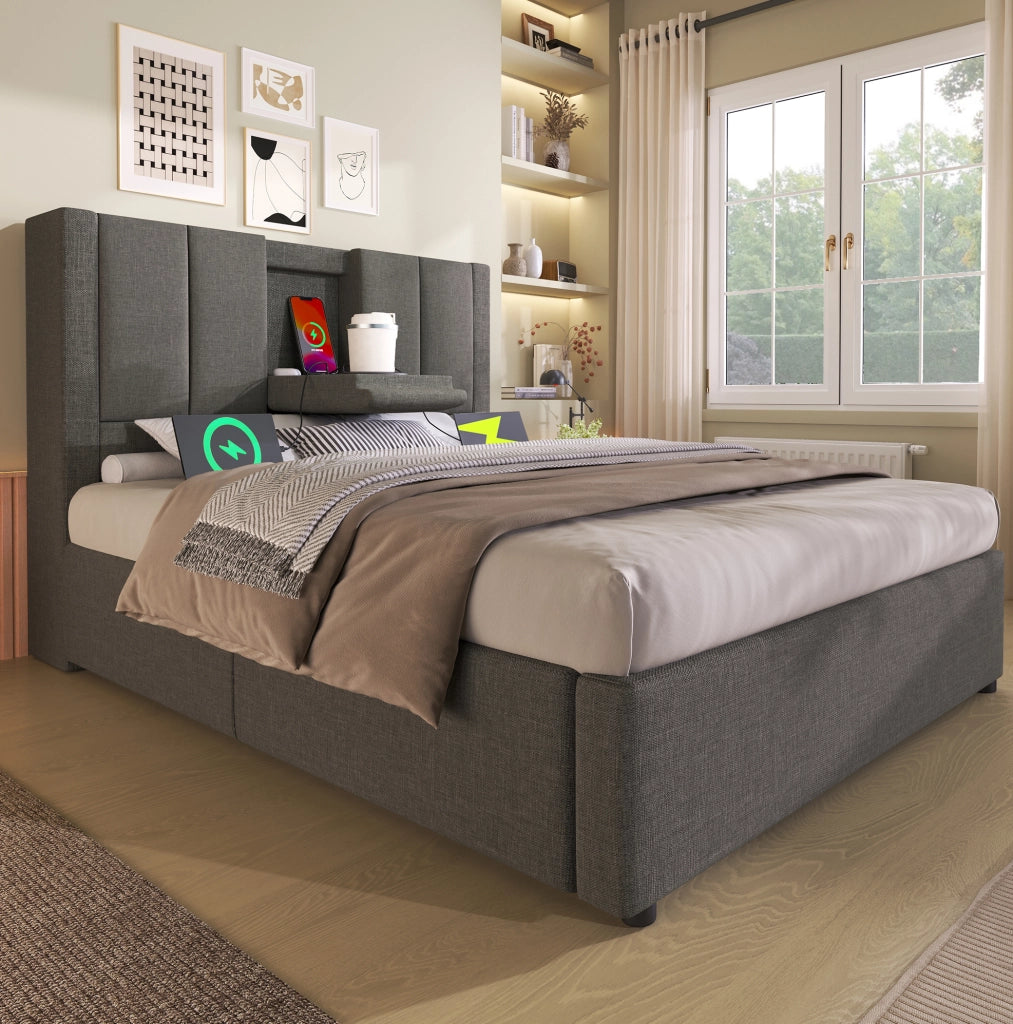 Letto imbottito 90x200 cm con materasso, contenitore e stazione di ricarica integrata