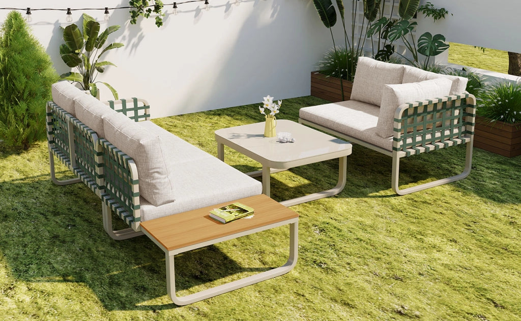 Set salotto giardino 4-5 persone: rattan; Divanooo esterno; cuscini seduta/schienale; crema albicocca