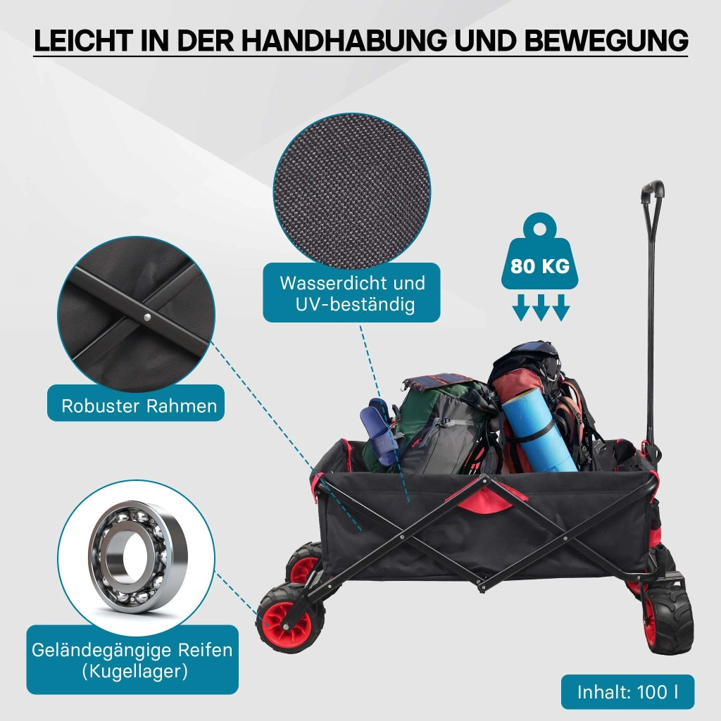 Carretto a mano pieghevole, max 80 kg, tessuto impermeabile rosso-nero, Carrello