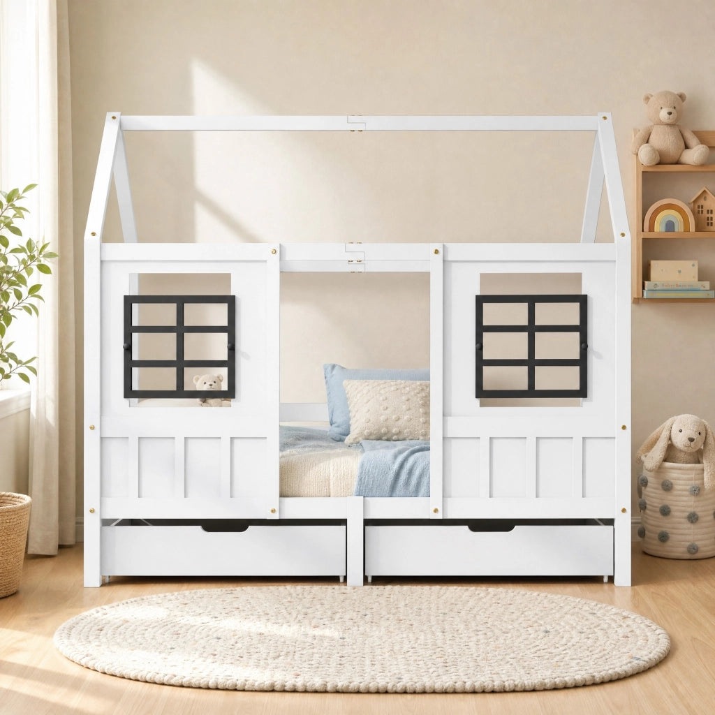 Letto casa con due cassetti e finestre, bianco