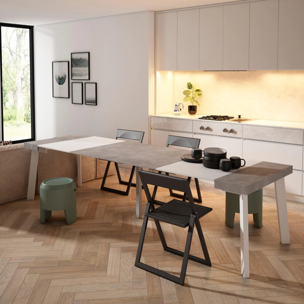 Consolle allungabile, 302x90x73cm, Per 14 persone, Gambe in legno, Bianco e grigio cemento RF3108