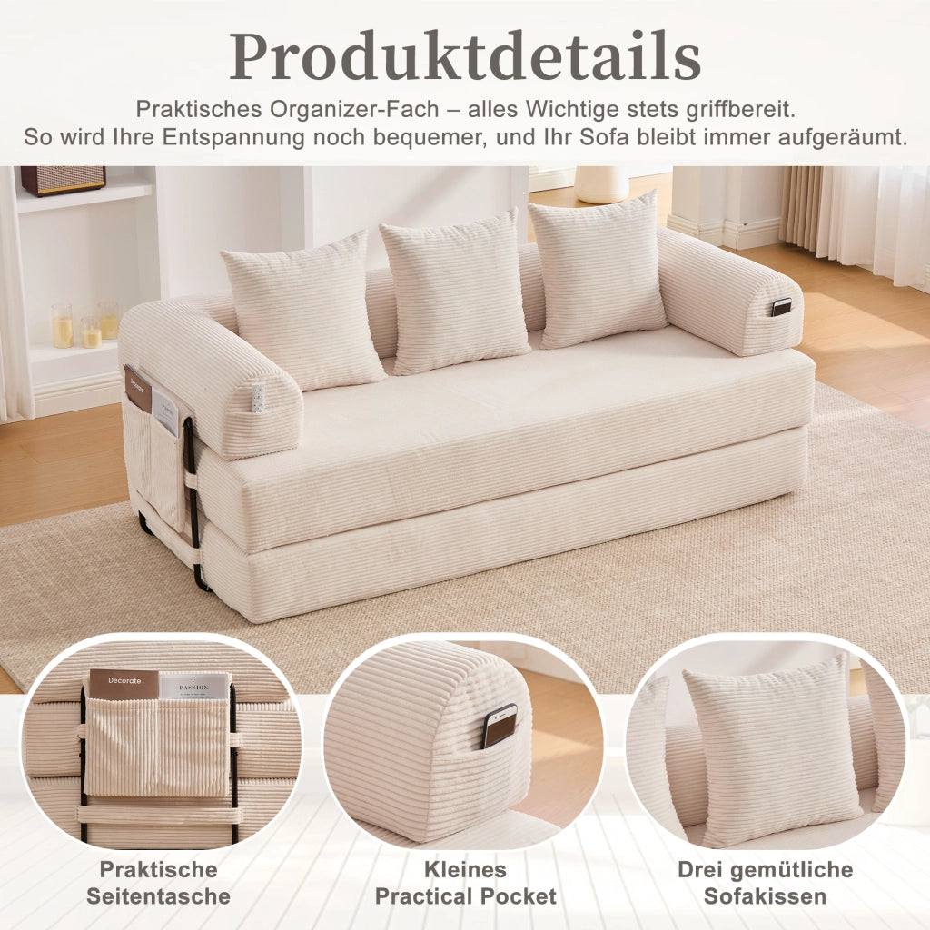 Divano Modulare con Tasca Laterale e 3 Cuscini in Velluto a Coste Beige 200 × 94 × 67 cm