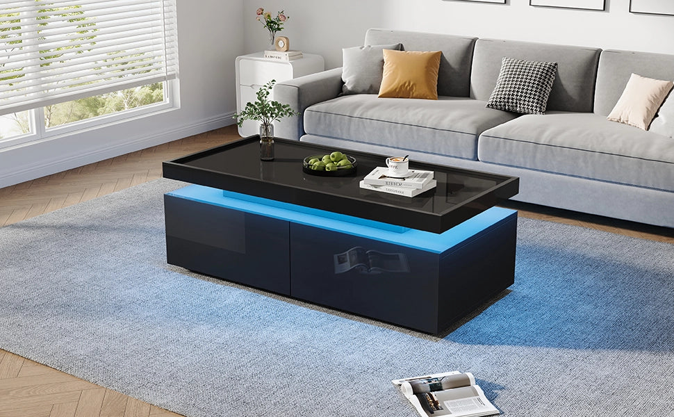 TAVOLINO DA CAFFÈ 95x45x35 cm Nero Lucido con LED e 2 Cassetti