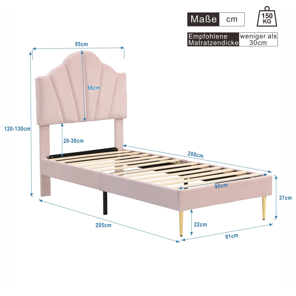 Letto singolo 90 × 200 cm con testiera regolabile e panca contenitore, senza materasso, in velluto rosa