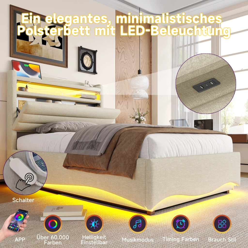 Letto imbottito 90x200 LED idraulico USB/Type-C lino beige