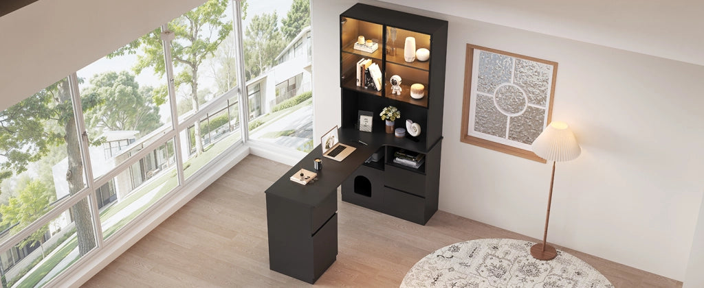 Scrivania angolare con vetrina LED, 3 cassetti, 2 ante e vani aperti, per studio, in MDF nero, 120 × 80 × 180 cm
