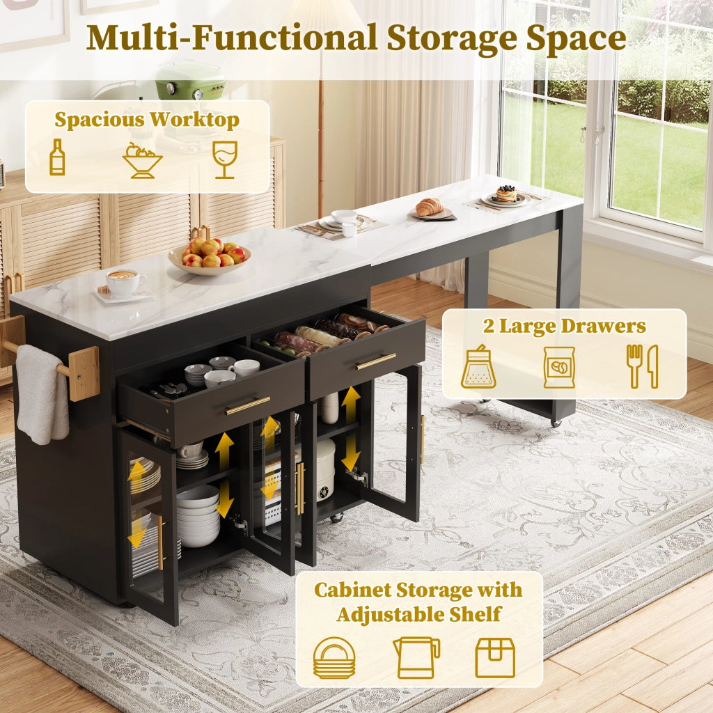 Credenza da cucina con 2 cassetti; 4 ante in vetro e piano estraibile - per cucina - in MDF - nero