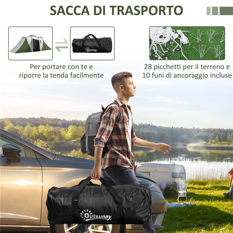 TENDA DA CAMPEGGIO 4-6 PERSONE CON 2 CAMERE IN POLIESTERE E FIBRA DI VETRO 555X225X190 CM GRIGIO E VERDE