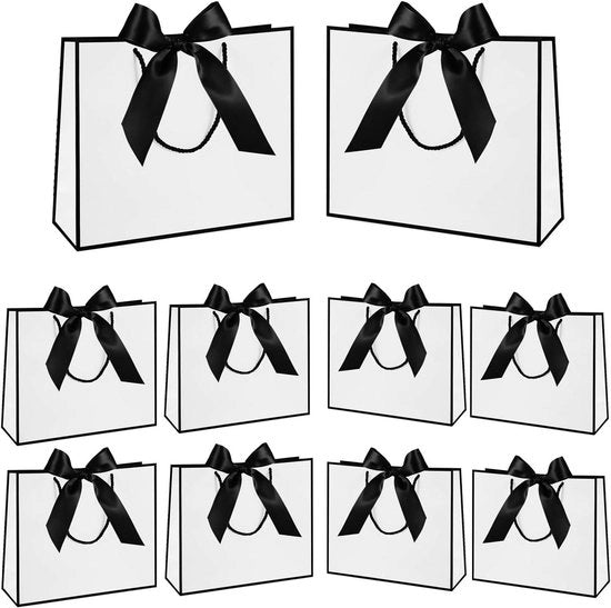 Sacchetti di regalo con corda per matrimoni, compleanni e festeggiamenti di bambini - Nero Bianco - 10 pezzi