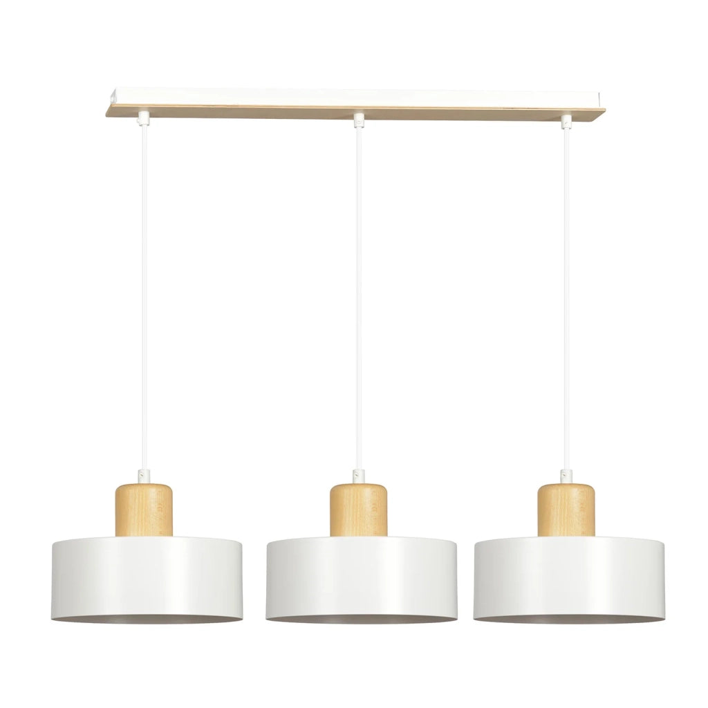 Sospensione Nordica 3 Luci Surya In Acciaio Bianco E Legno