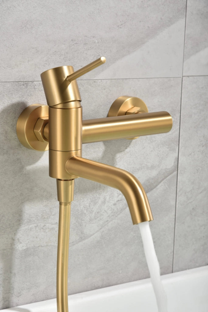 IMEX Miscelatore vasca-doccia oro spazzolato in ottone con tubo flessibile PVC 180 cm supporto doccia ABS maniglia rotonda cartuccia ceramica Ø35 mm finitura PVD modello Imex-BDM039-4OC Monza