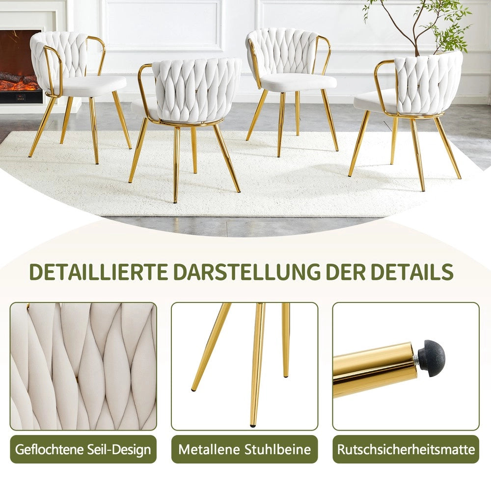 Sedia da Pranzo Imbottita con Schienale Intrecciato ¨C MINIMAL ¨C Velluto Crema, Gambe in Metallo Dorato