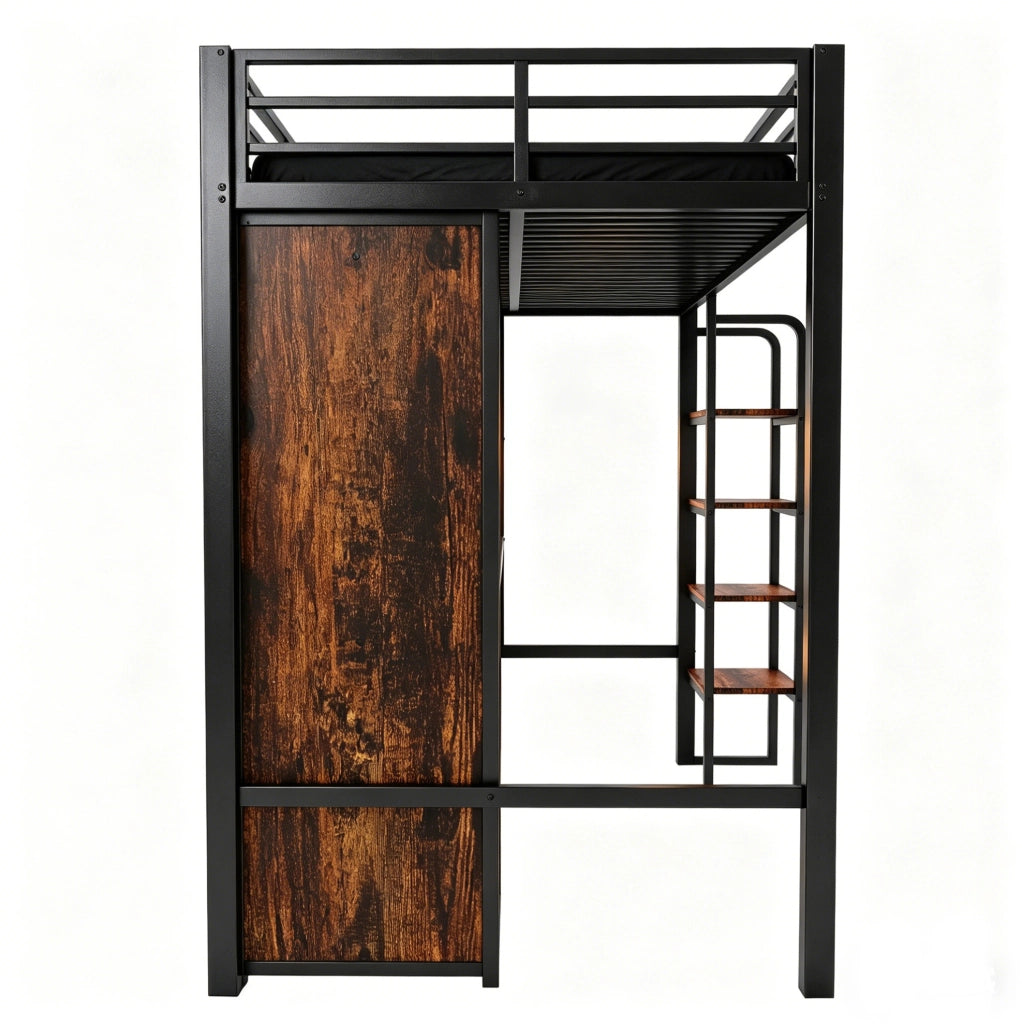 Letto a soppalco multifunzione 90x200 cm in metallo e MDF; nero; con scrivania; armadio e LED