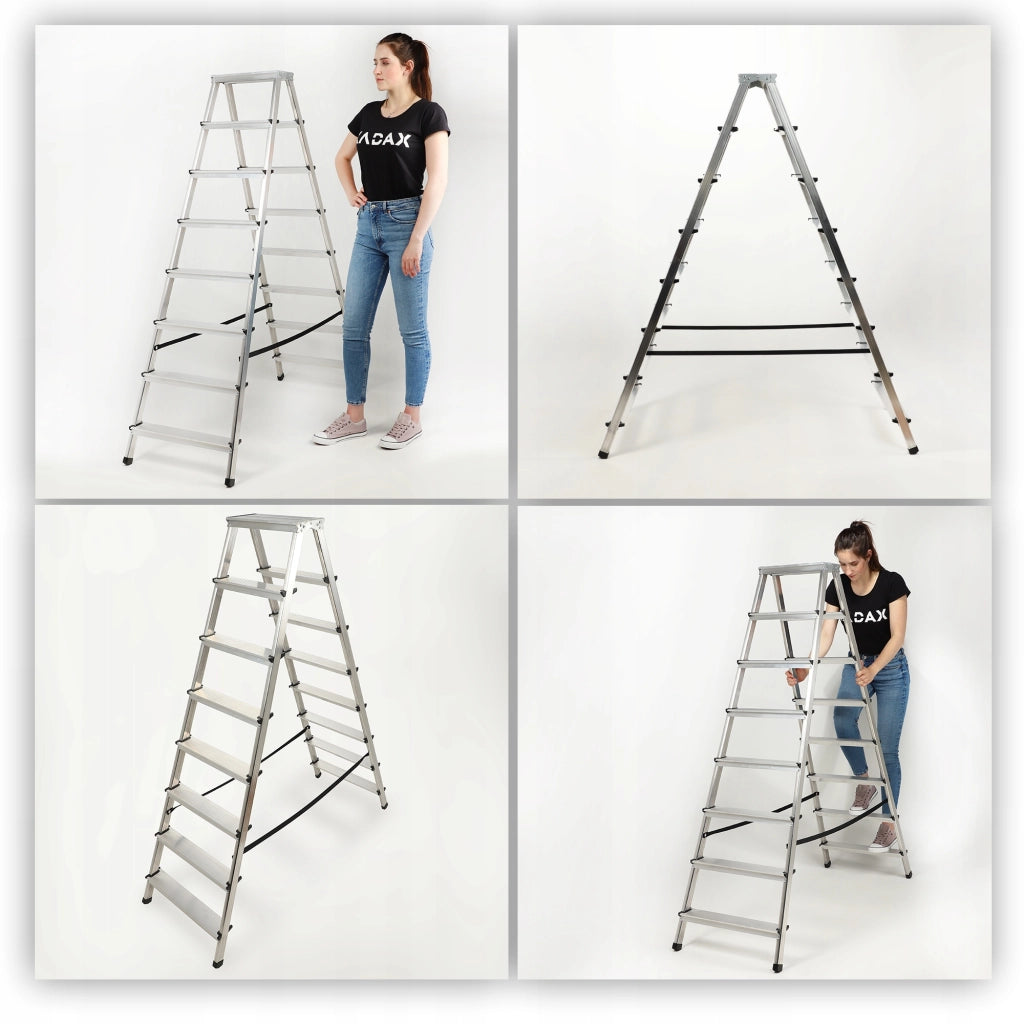 Scala domestica in alluminio KADAX a 8 gradini, pieghevole a doppia faccia, portata massima 125 kg.