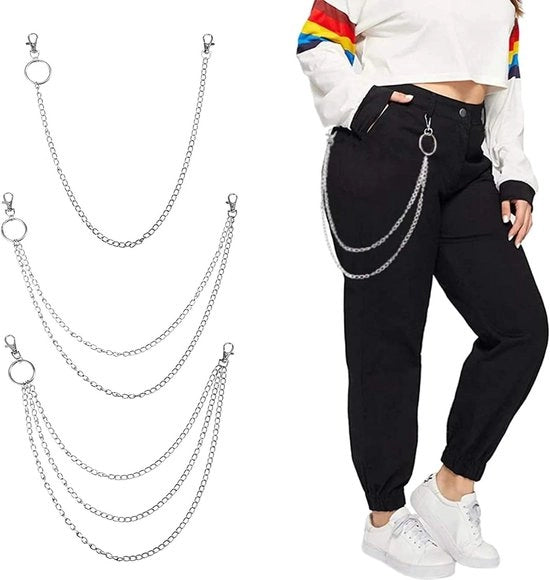 Set a tre elementi di catena jeans a strati, stile hiphop punk, cinture in acciaio