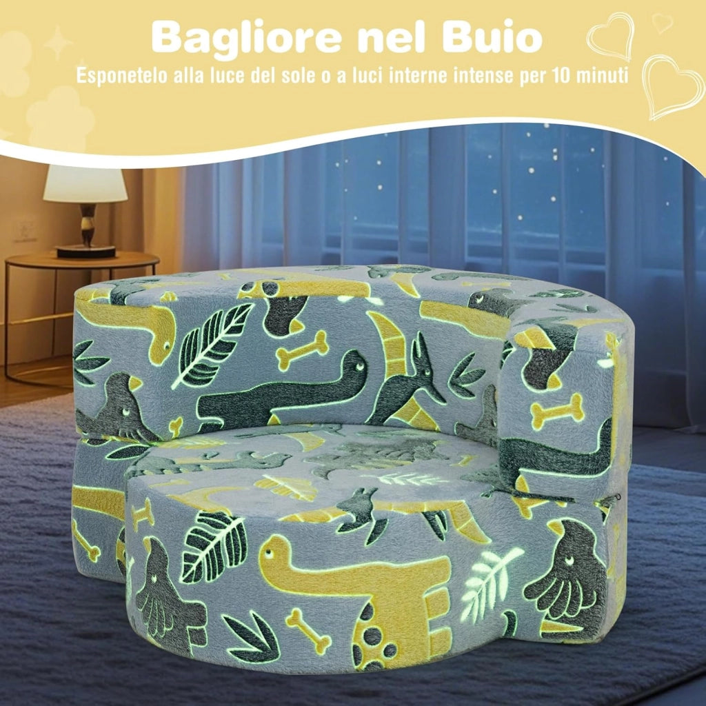 Divano Cuscino per Bambini Pieghevole 2 in 1, Poltrona Schienale Pieghevole per Bambini con Motivi Luminosi nel Buio, Divano Pieghevole per Camera da Letto e Soggiorno (Dinosauro blu)